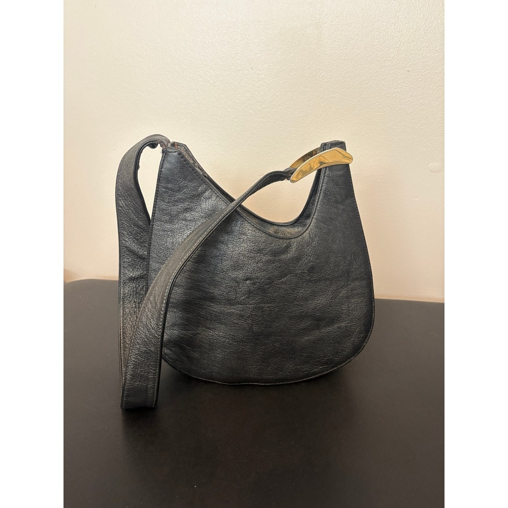 Vintage Black Pebbled Leather Hobo Shoulder Bag Gold Hardware Minimalist Curved